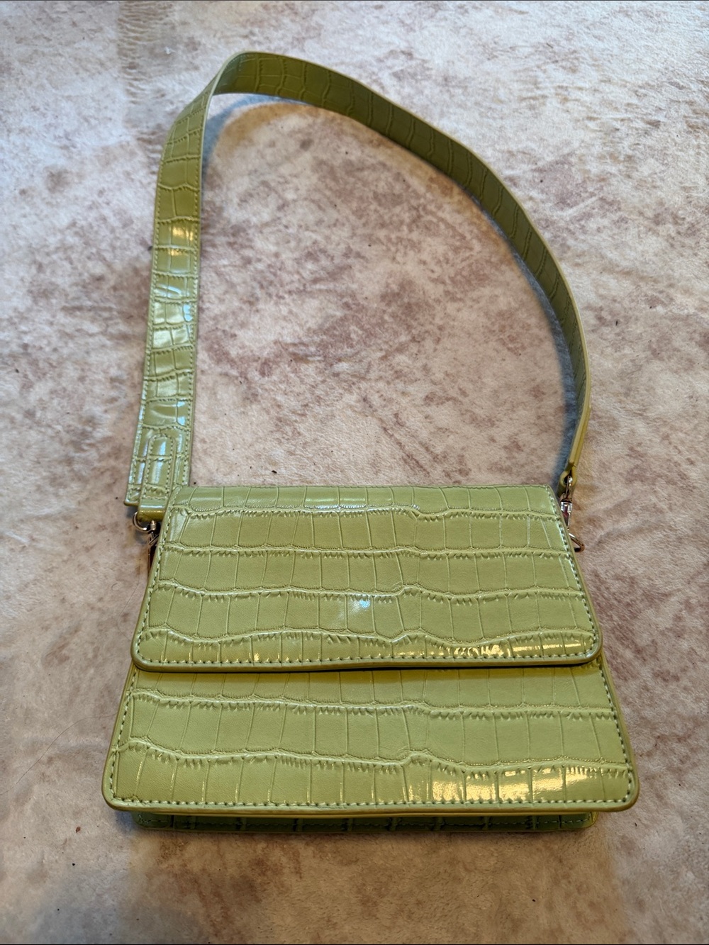 Croc-Embossed Shoulder Bag in Olive Green